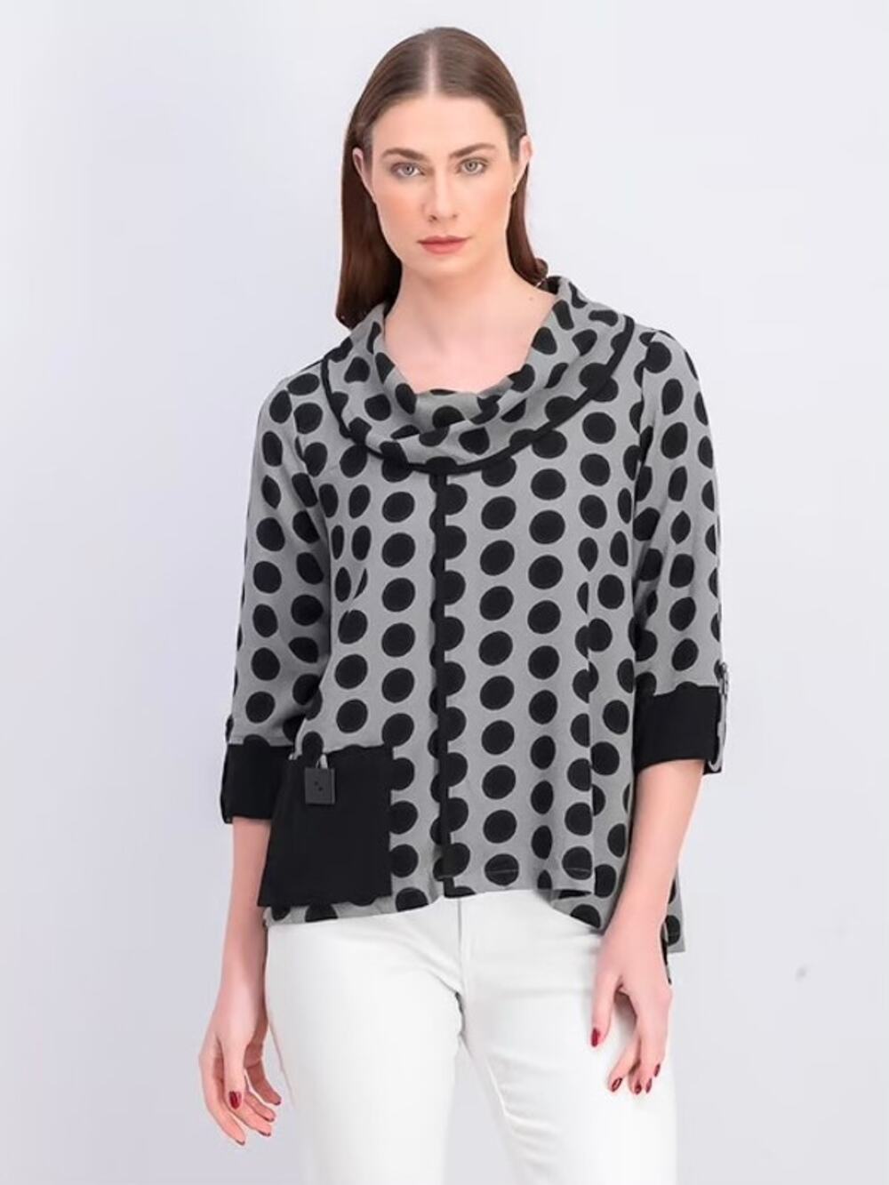 Ali Miles Gray&Black Polka Dot Tunic Blouse Sz.XL